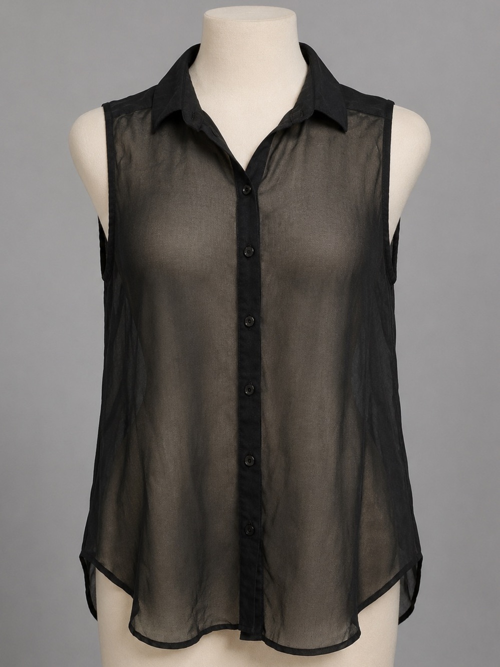 Feminine black, high, low sleeveless, button-down, sheer dressy shirt top